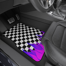 Checkered Purple Flames Car Floor Mats Hot Rod Car Mats Checkered Car Decor