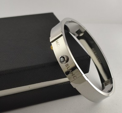 Montblanc Luxury Silver Tone Cuff Bracelet Men's Stainless Steel Star Logo