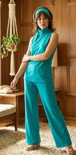 Retro 1970's 2 Piece Suit Groovy With Hair Tie Stretch Knit Tunic Top And Pants