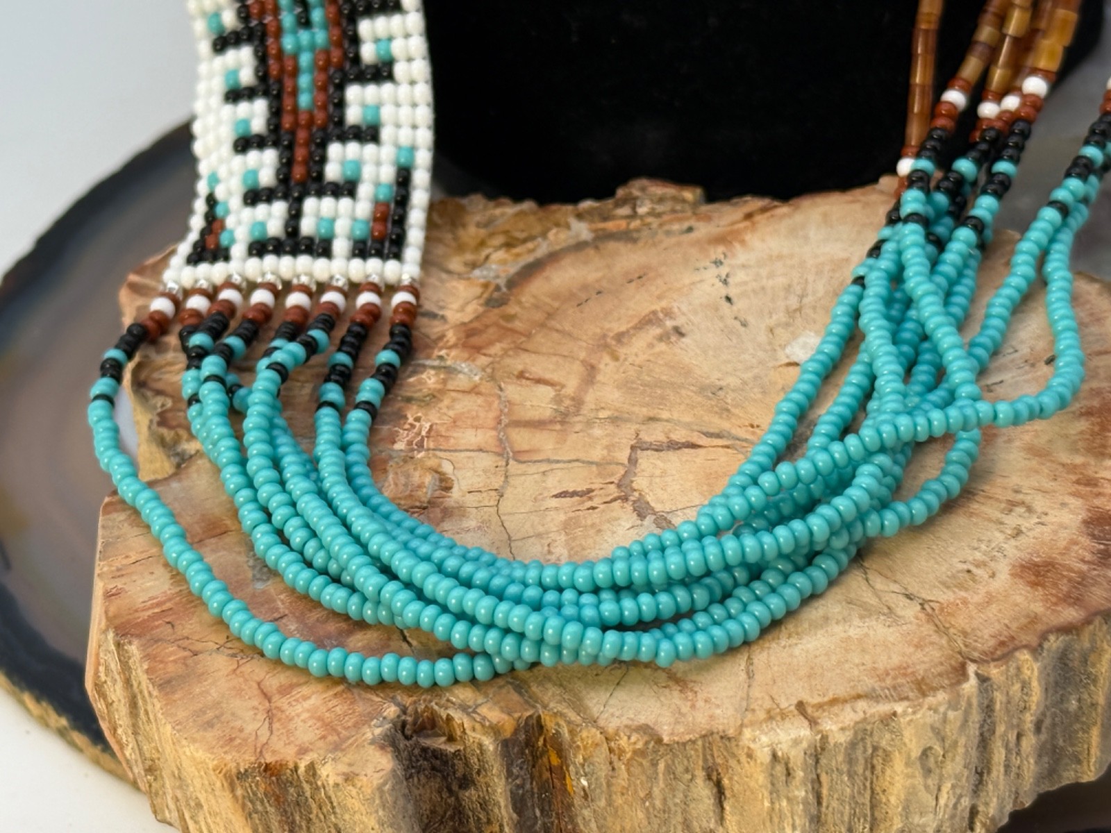 Navajo Jeanne Begay Hand Beaded Rug Pattern Necklace w/Turquoise Heshi--2297.25