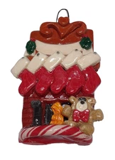 Vintage Calliope Design Fireplace with 5 hanging Stockings Christmas Ornament