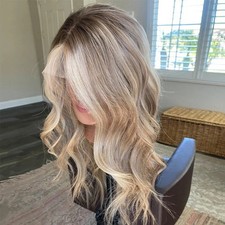 Human Hair New Fashion Layered Long Natural Golden Brown Wavy Women's Wigs 16in