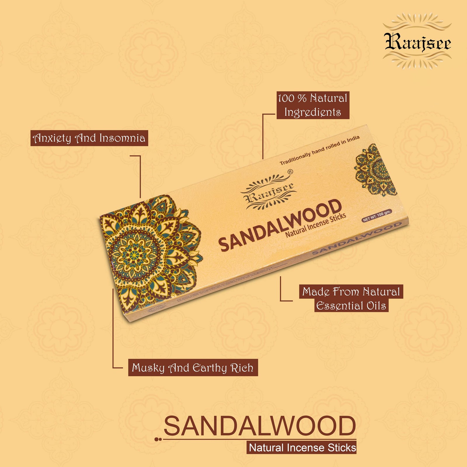 Sandalwood Incense Sticks 100 Gm Pack-100% Pure Organic Natural Hand Rolled F...