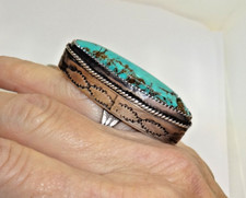 2" Long Signed Navajo Sterling Silver  Turquoise Ring Cracked Stone Size 5.5