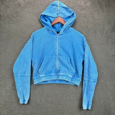 Forever 21 Womens Blue Ribbed Acid Wash Cropped Zip Up Hoodie Small
