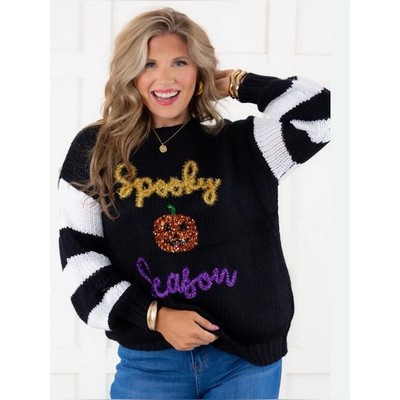 New Main Strip Large Spooky Season Knit Sweater - Black with White Stripes