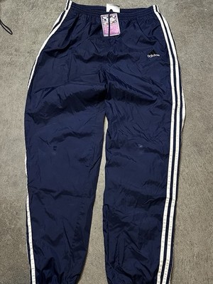 adidas Men's Blue Track Pants White 3-Stripes Nylon Drawstring Elastic S