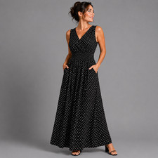 ROCKTHOSECURVES WOMENS Black White Polka Dot Sleeveless V Neck maxi Dress with s