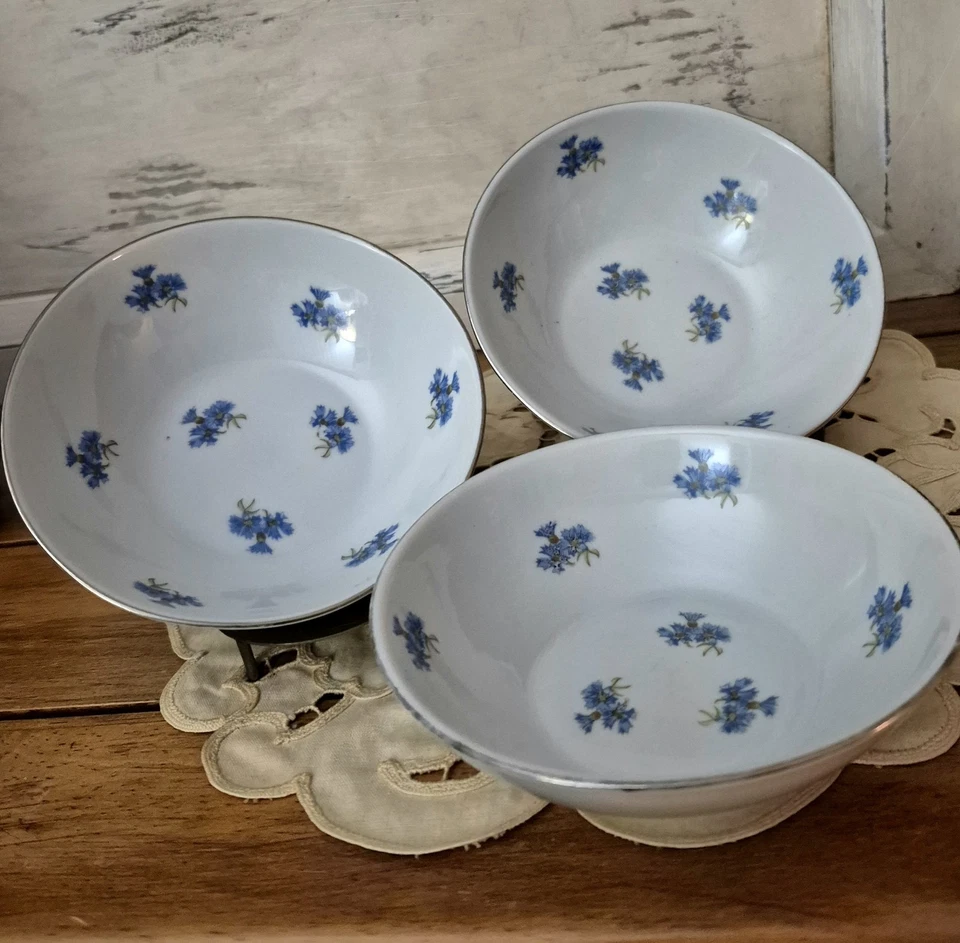 Vintage Polish China Chodziez Floral 5" Width Set Of 3 Blue White Silver Rimmed  - Image 3 of 4