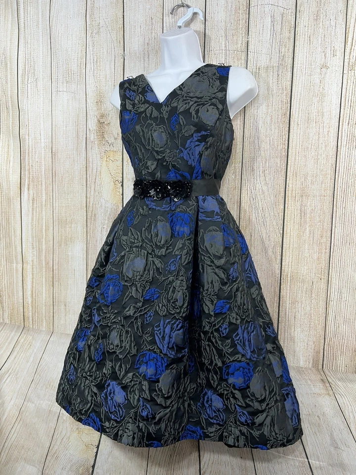 Teri Jon Rickie Freeman Jacquard Dress 10 Black Blue Floral Fit Flare Regency - Image 2 of 4