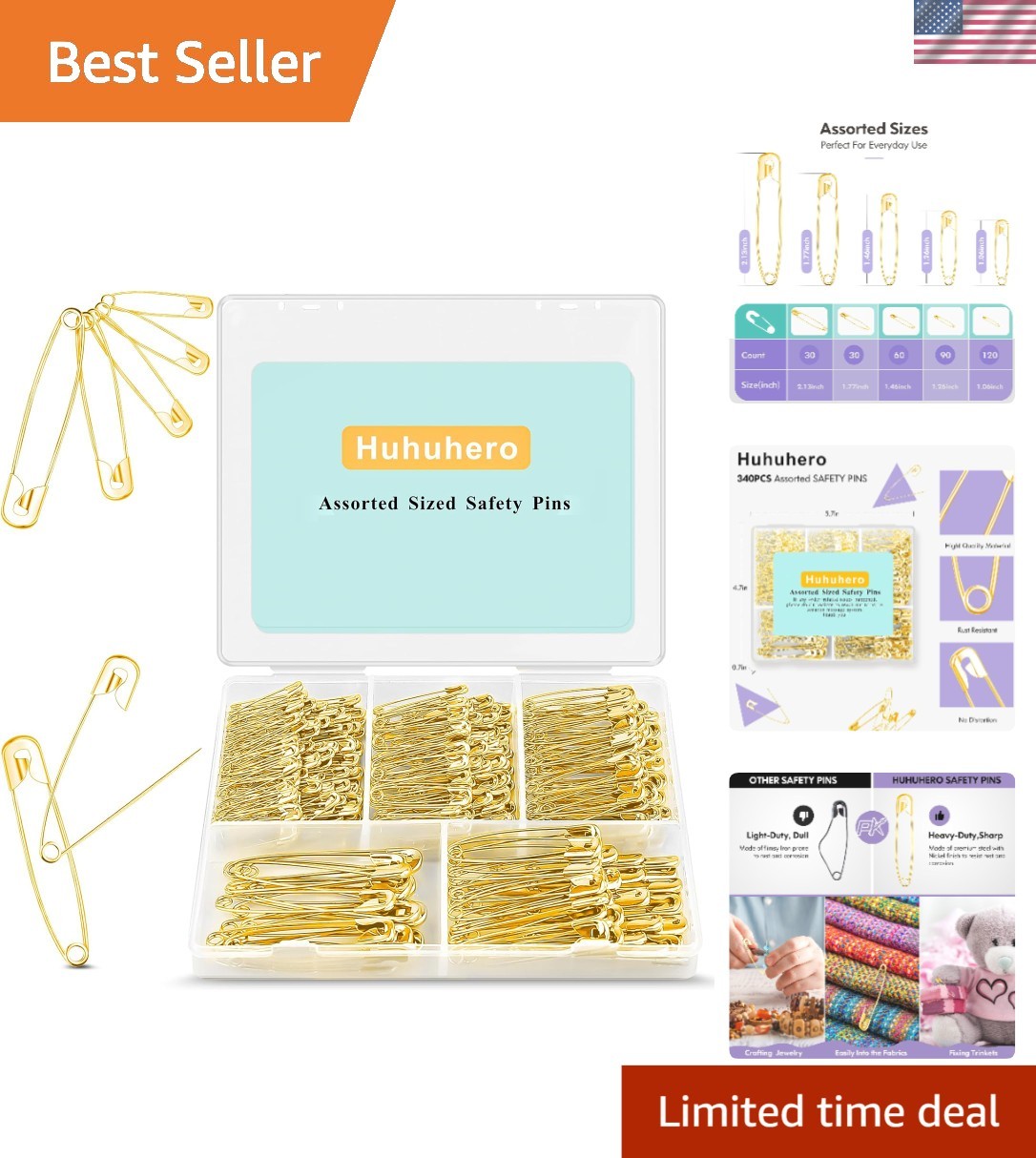 340-Piece Rust-Resistant Safety Pins Set in 5 Sizes - Nickel Plated Steel