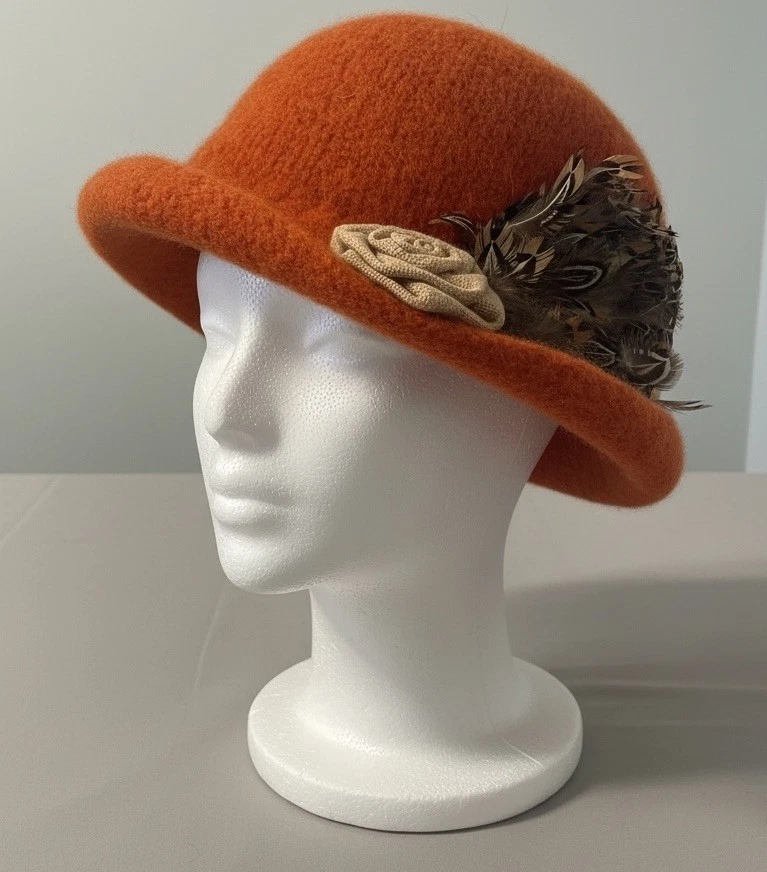 Vtg 50s Chic Ribbon Bowtie Doeskin Felt Wool Cloche Hat Orange Womens OSFM USA Fox River Revisited Cloche main image 4