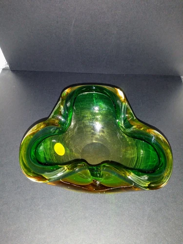 Vintage Murano MCM Barbini Sommerso Green Gold Amber Bowl Ashtray Dish