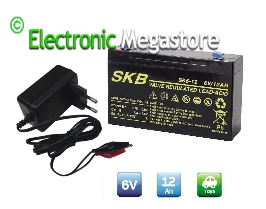 FLA BATTERIA A PIOMBO 6V 12AH CON CARICABATTERIA PIOMBO 12V 6V 2V 600mAh PEG PEREGO