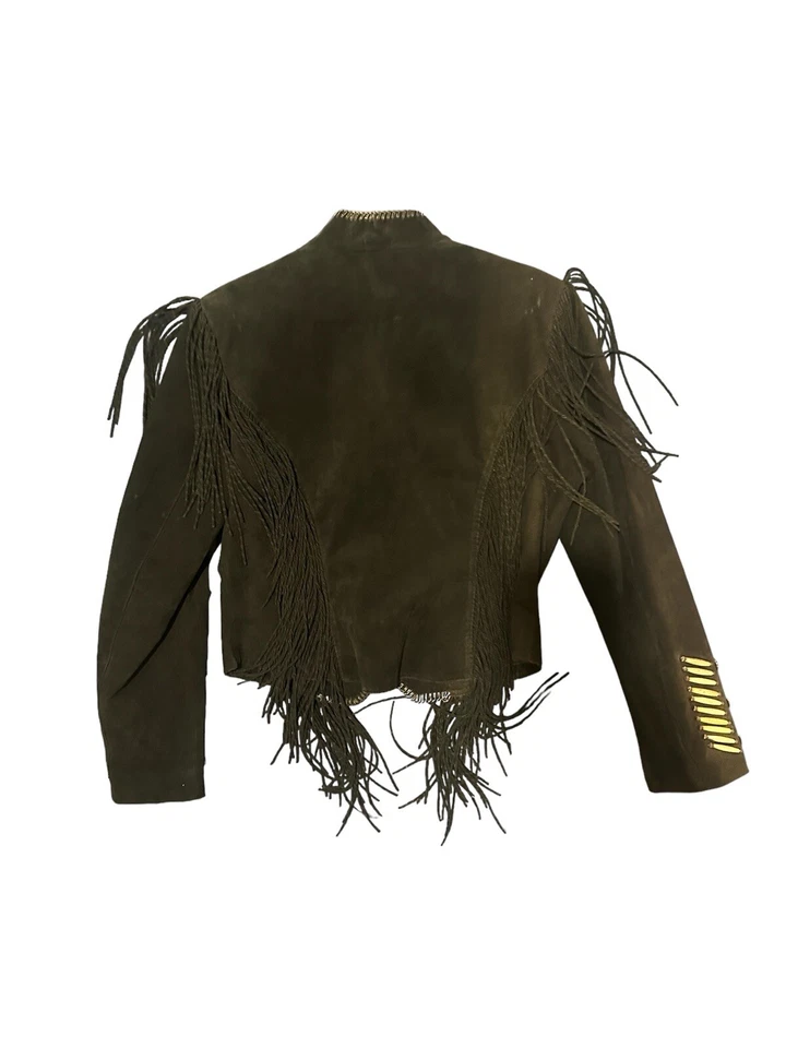 Rare Cripple Creek Fringe Western Military Suede Leather Black Jacket - Image 2 of 4
