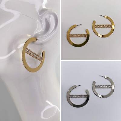 Shiny Gold or Silver Tone Open Circle with Rectangle Rhinestone Across Earrings