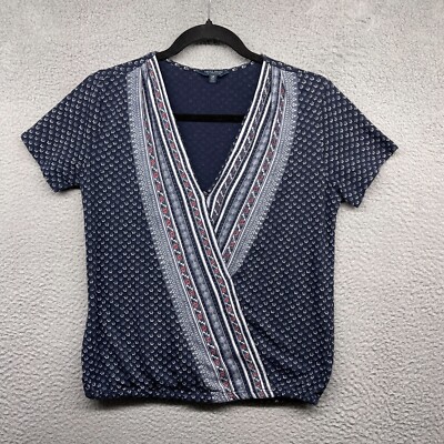 Lucky Brand Womens Blouse Blue Geometric Short Sleeve V-Neck Pleated Size S