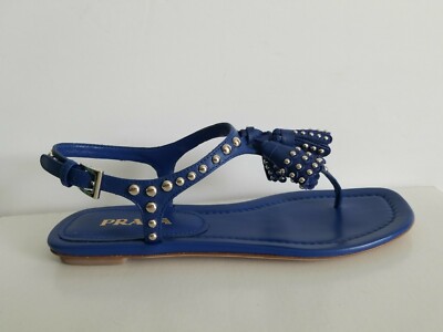 PRADA Amazing Vibrant Blue Studded Thong Tassels Flat Sandals EU