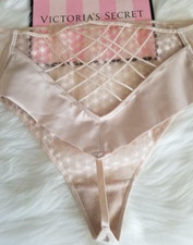 VICTORIA'S SECRET SATIN MESH STARBURST HIGH-WAIST THONG PANTY MED CHAMPAGNE NWT