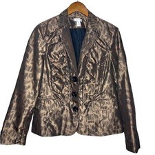 Chico's Satin Feel Leopard Print Blazer Jacket Size 8 Brown Long Sleeve Lined