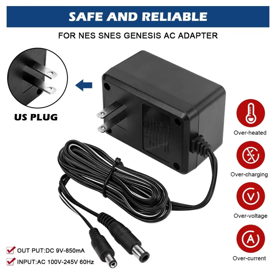 3IN1 Power Supply AC Power Adapter Cord for Nintendo NES SNES / SEGA SGENESIS US - Image 2 of 4