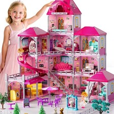 Villa Playset for Girls Ages 3-7, 4-Story 12 Room House with 2 Dolls, Furniture
