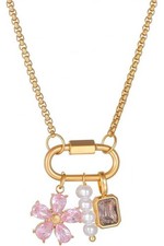 18K Gold Plated Chain with Flower,Pearl and Gem Pendants Stainless Steel