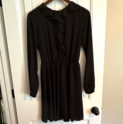 Frankie Morello Black Solid Mini Dress Collared Long Sleeve Ruffle Button 6