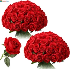 Tifuly 50pcs Red Roses in Bulk, Realistic Long Stem Fake Silk Red-50 