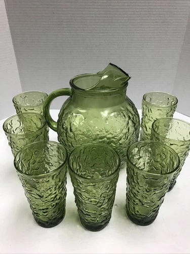 Vintage Anchor Hocking Lido Milano Green Glass Pitcher & 7 Tumblers Set Box