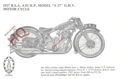 Ansichtskarte__Motorrad, 1927 b.s.a. 4,93 H.P. MODELL 'S27' O.H.V.