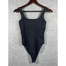 Black Ribbed Bodysuit Square Neck Sleeveless Snap Closure One Piece Top Small