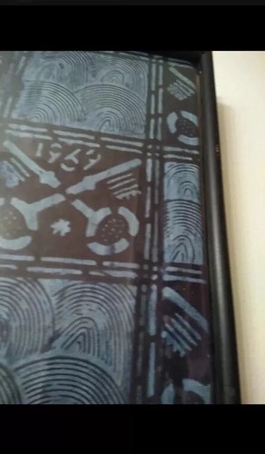 Antico panno Adinkra 17x30 Ghana blu e nero vetro incorniciato tessuto da collezione - Foto 5 di 5