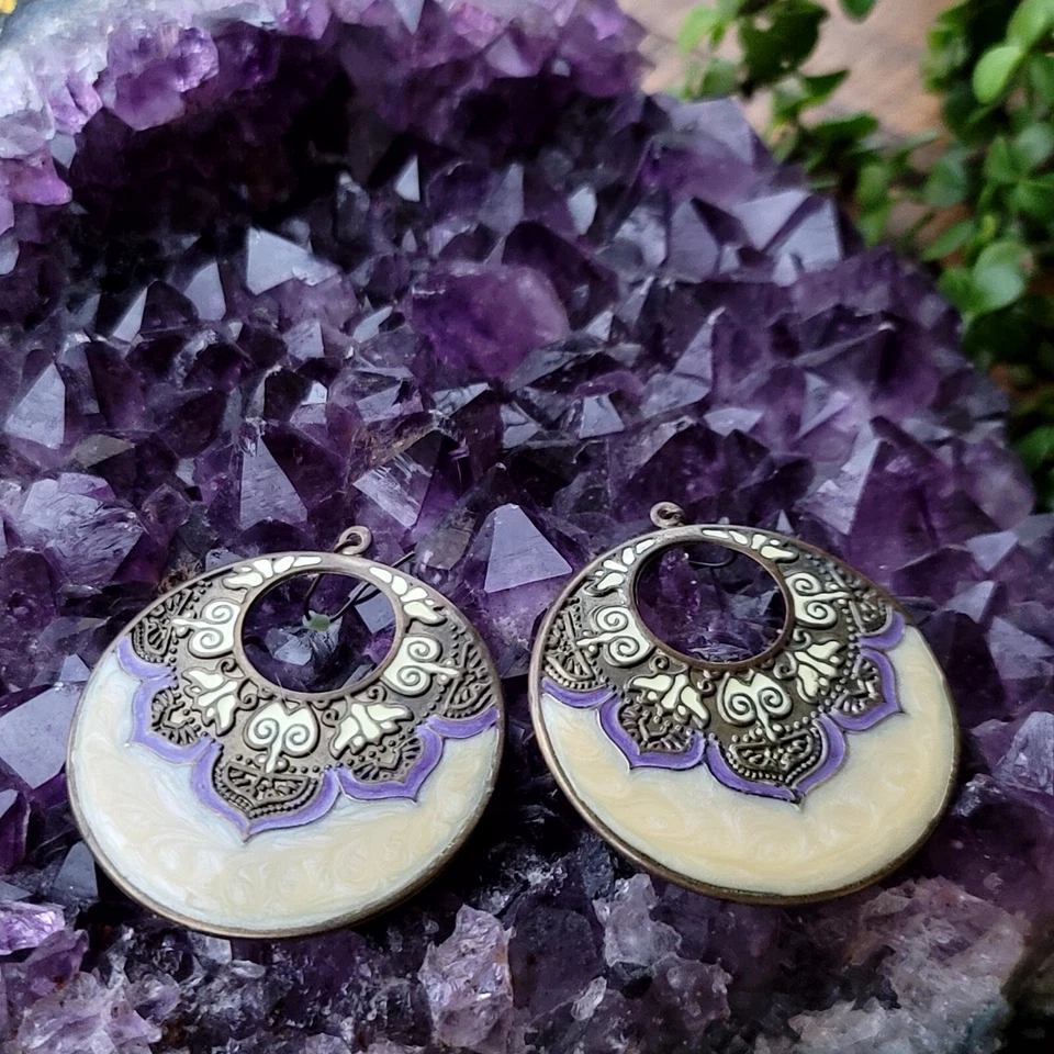 Pendientes de aro colgantes esmalte púrpura hechos Bali bohemio étnico 2,5" vintage  Foto 2 de 4