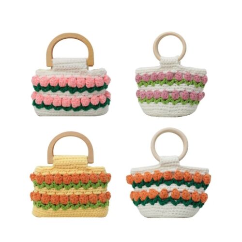 Vintage Knitted Flower Bucket Bag wtih Top Handle Crochet Woven Basket Handbag - Afbeelding 1 van 12