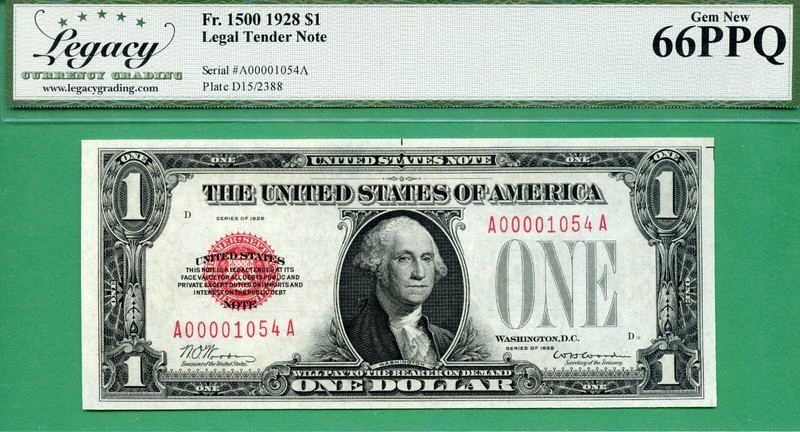 LOW FOUR DIGIT SERIAL - A 00001054 A - 1928 $1 USN - LEGACY GEM 66 PPQ