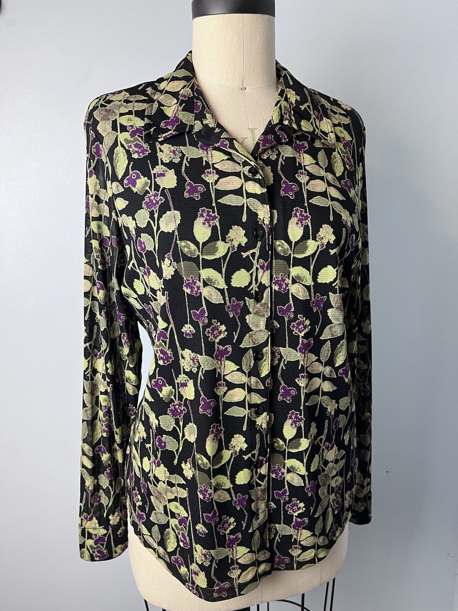 Floral Long Sleeve Mesh XL Button Up Career Collared Dark 90s