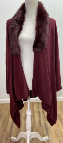Say What NWT Burgundy Red Fur Collar Cape Duster Women’s Plus 1x Knit Open Front - Picture 3 of 10