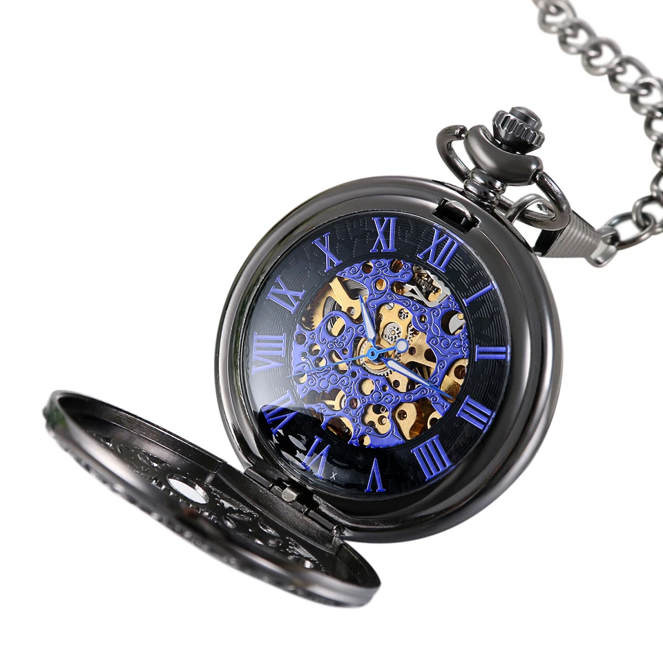 Vintage Steampunk Skeleton Mechanical Pocket Watch Windup Black Men's Women's - Image 3 of 4