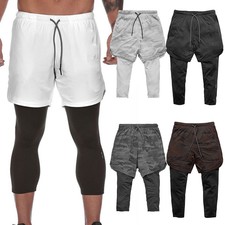 Men's 2 in 1 Compression Gym Workout Training Liner Phone Pocket Shorts Pants US