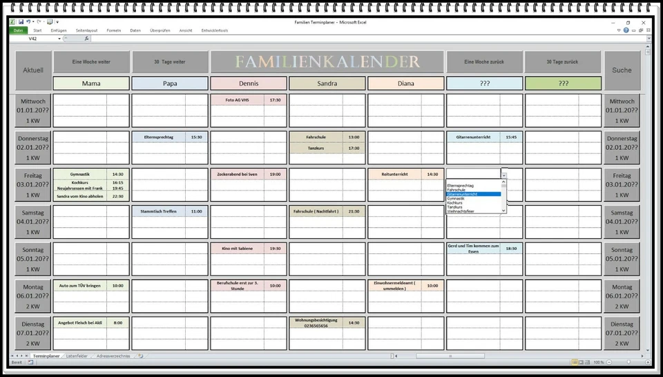 PC Familienkalender Terminplaner Terminkalender Jahreskalender Excel 