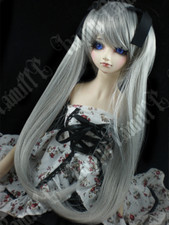 1/4MSD 1/3SD BJD Long Wig Doll Hair Metallic Grey Dual Horsetail Bow Deco Cos