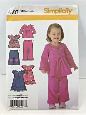 Toddler Sewing Pattern Simplicity 4107 Size 1/2-4 Dress, Pants, Tunic, Gauchos U
