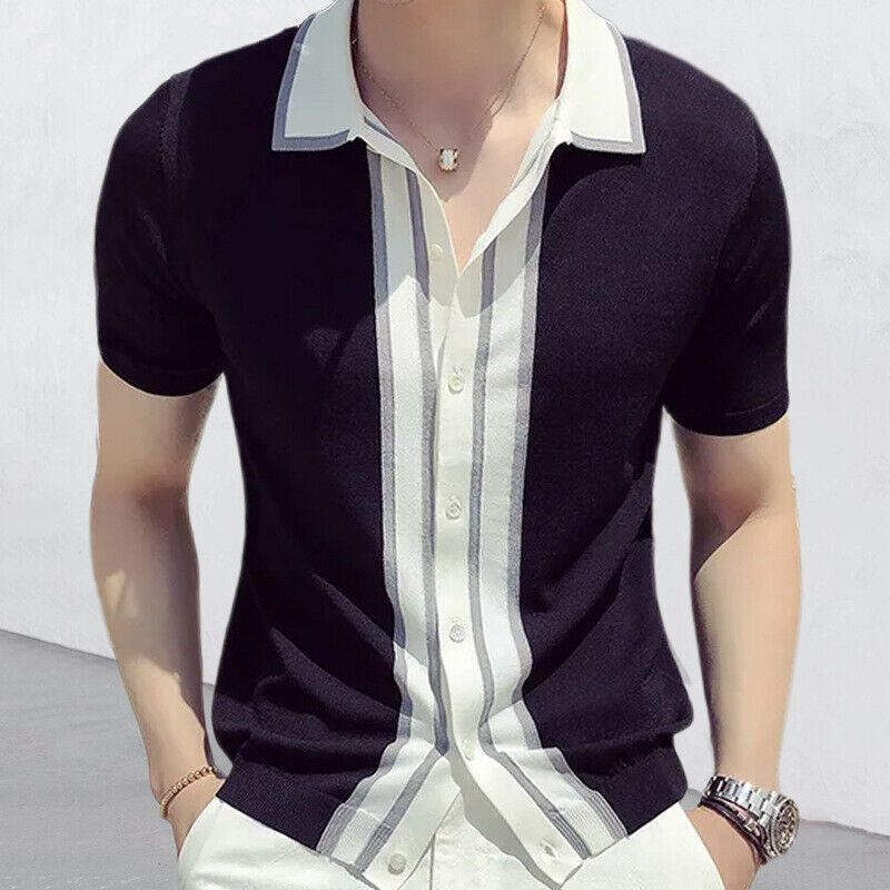 Mens Summer Short Sleeve Cardigan Dress Casual Shirt Striped Knitted Slim  Shirts