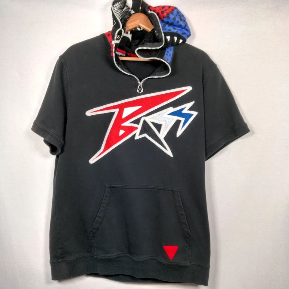 Vintage 1990s Ron Bass Shirt 2XL Black Red Blue Snake Zip Up Mesh Hooded Teeth - Image 3 of 4