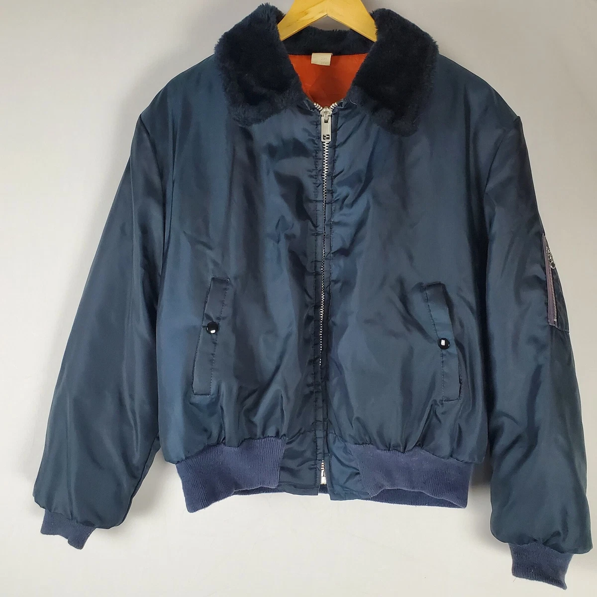 Vintage 70s 80s Bomber Jacket Faux Fur Collar Mens Large Blue Full Zip War Look