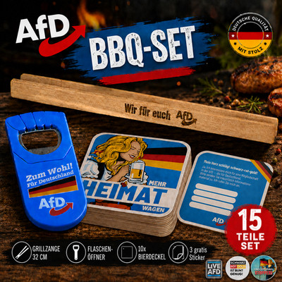 AfD BBQ Set +gratis Sticker Set Grillzange Flaschenöffner Bierdeckel  Grillparty