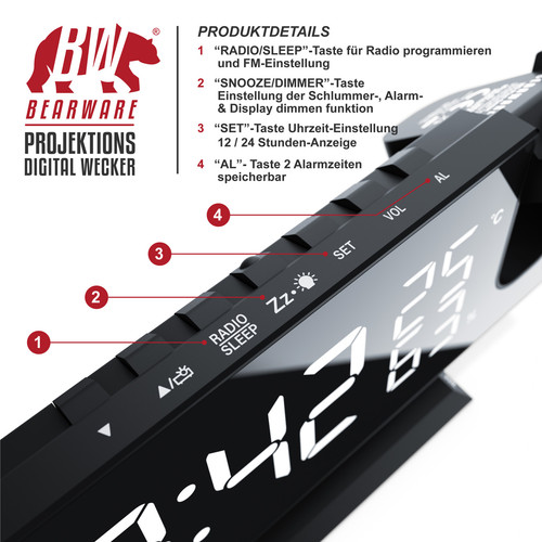 Bearware Projektions Wecker 7 Tasten 2 Weckalarme Snooze LED 15 FM Speicher TOP - Bild 3 von 6