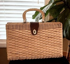 Vtg 1950's60's Woven Wicker Basket Purse Top Handle Box Bag MCM Cottage Core 15  
