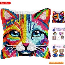 All-in-One Colorful Cat Latch Hook Kit - Handmade Pillow Kit for De-Stressing